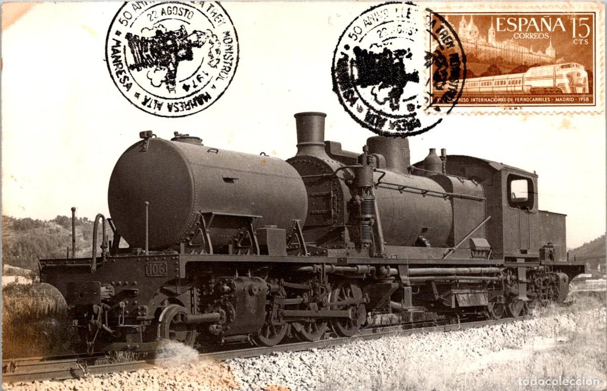 Sellos: 50 Aniversario Llegada Tren Monistrol a Manresa - 22 Agosto 1974 -Foto M&aacute;quina Tren a Identificar