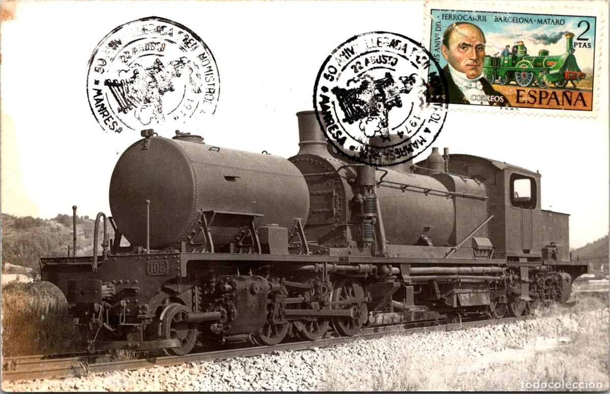 Sellos: 50 Aniversario Llegada Tren Monistrol a Manresa - 22 Agosto 1974 -Foto M&aacute;quina Tren a Identificar