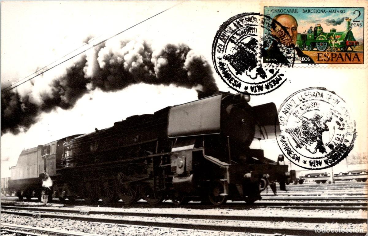 Sellos: 50 Aniversario Llegada Tren Monistrol a Manresa - 22 Agosto 1974 -Foto M&aacute;quina Tren a Identificar