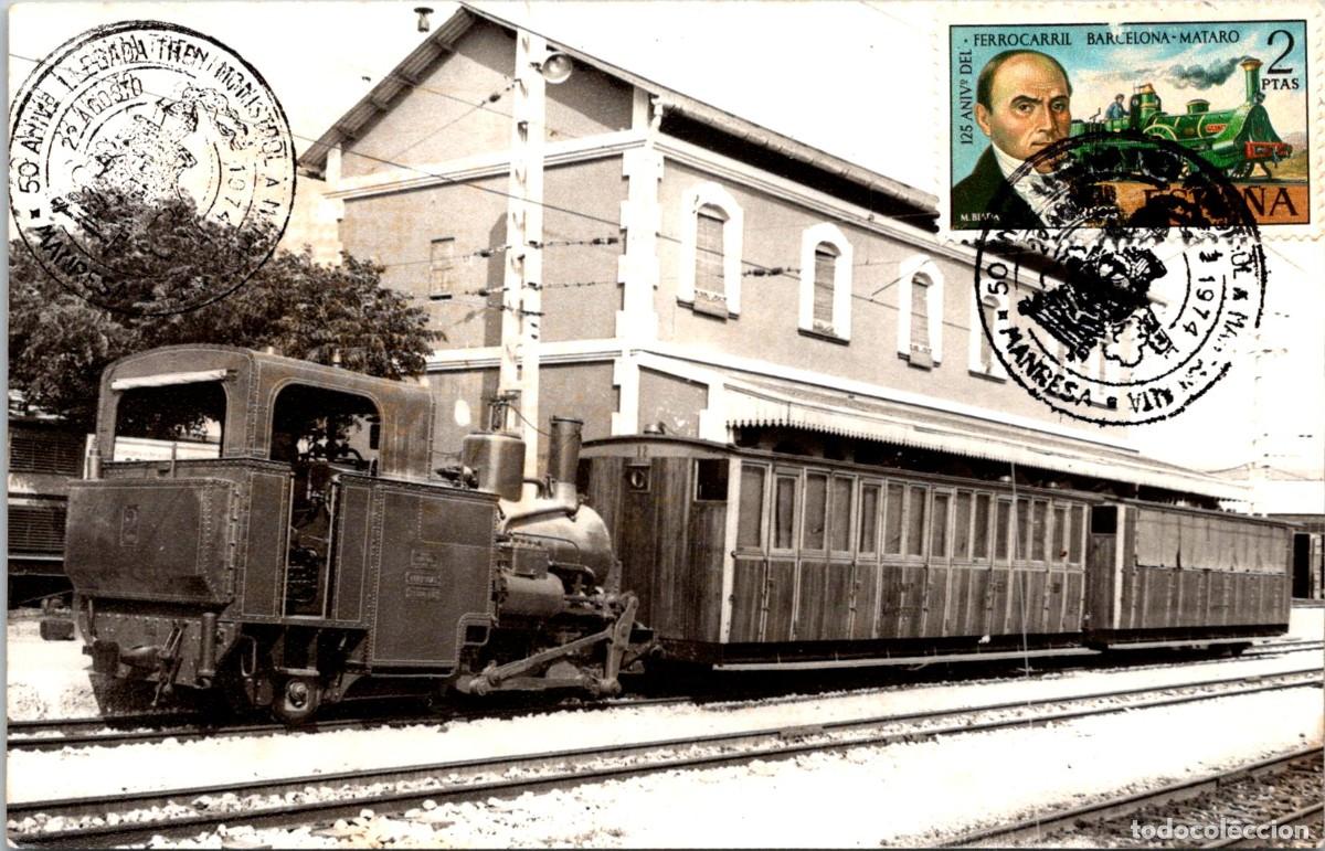 Sellos: 50 Aniversario Llegada Tren Monistrol a Manresa - 22 Agosto 1974 -Foto M&aacute;quina Tren a Identificar
