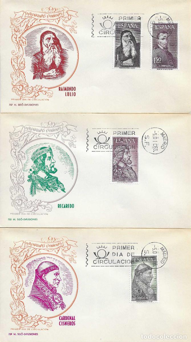 Sellos: PERSONAJES ESPA&Ntilde;OLES 1963 (EDIFIL 1536/39) EN TRES SOBRES PRIMER DIA SIN CIRCULAR DE MS RAROS ASI