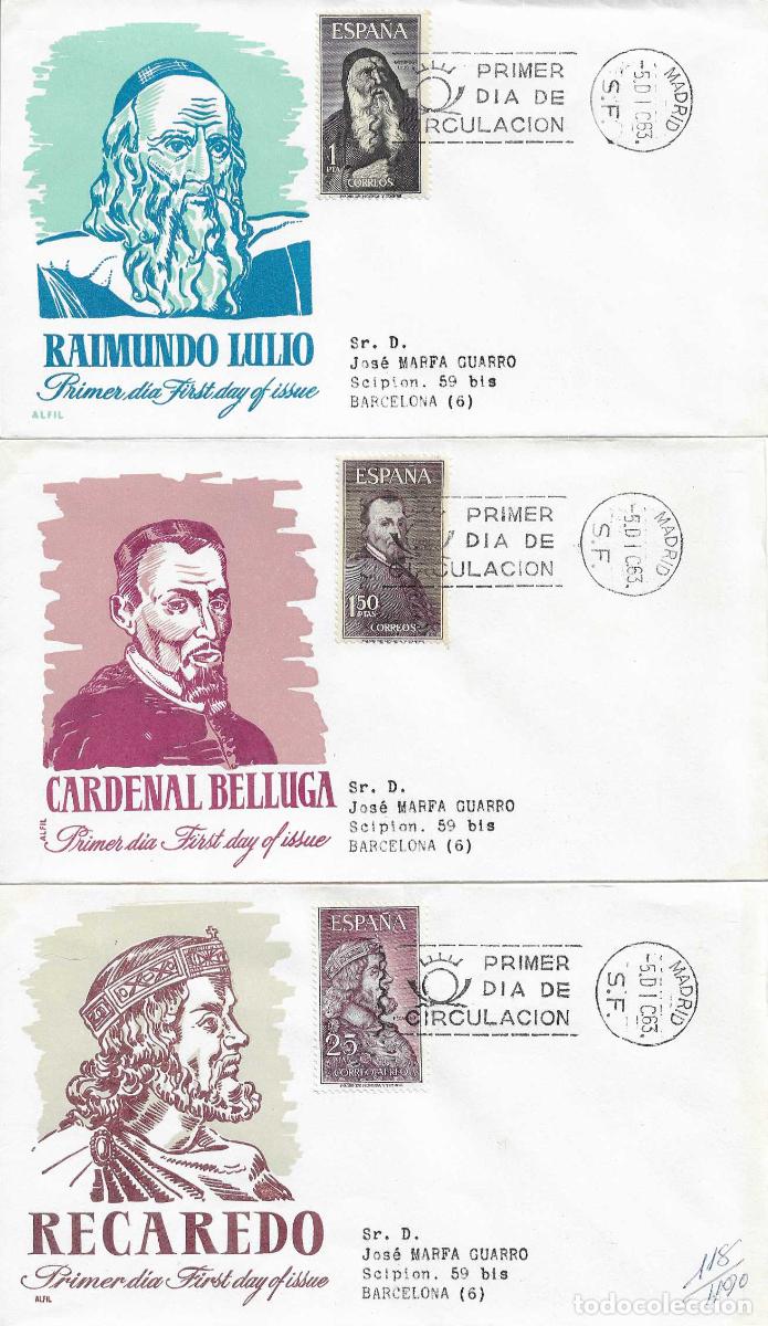Sellos: PERSONAJES ESPA&Ntilde;OLES 1963 (EDIFIL 1536/39) EN CUATRO SOBRES PRIMER DIA CIRCULADOS DE ALFIL RAROS ASI