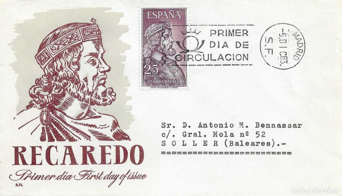 Sellos: REY RECAREDO I PERSONAJES ESPA&Ntilde;OLES 1963 (EDIFIL 1538) EN SOBRE PRIMER DIA CIRCULADO DE ALFIL XZX