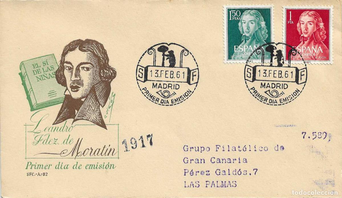 Sellos: LEANDRO FERNANDEZ MORATIN II CENTENARIO 1961 (EDIFIL 1328/29) SPD CIRCULADO SERVICIO FILATELICO XZX