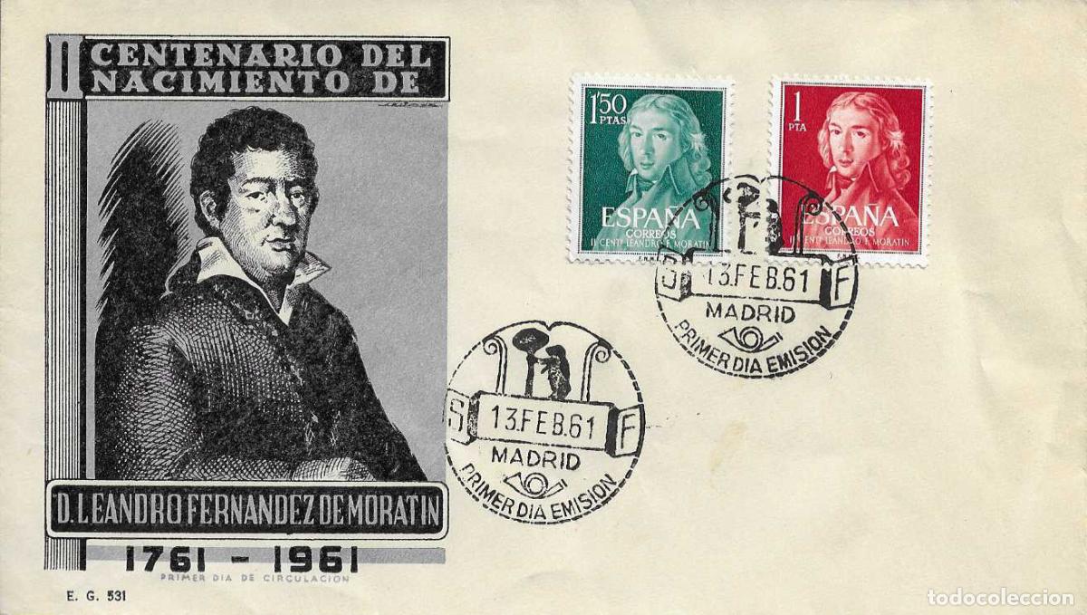 Sellos: LEANDRO FERNANDEZ DE MORATIN II CENTENARIO 1961 (EDIFIL 1328/29) EN SOBRE PRIMER DIA DE EG RARO ASI