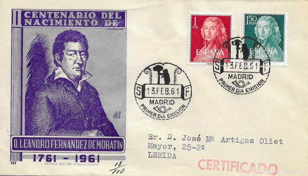 Sellos: LEANDRO FERNANDEZ DE MORATIN II CENTENARIO 1961 (EDIFIL 1328/29) SOBRE PRIMER DIA CIRCULADO DP RARO