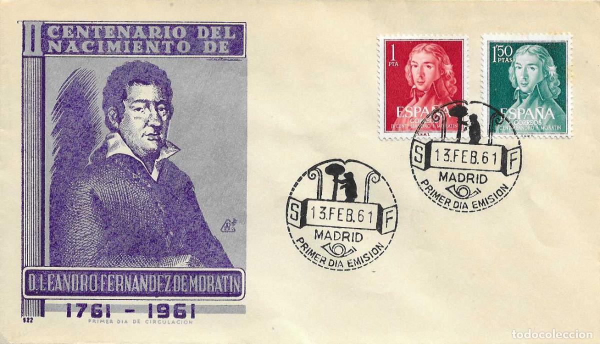 Sellos: LEANDRO FERNANDEZ DE MORATIN II CENTENARIO 1961 (EDIFIL 1328/29) EN SPD SIN CIRCULAR DE DP RARO ASI