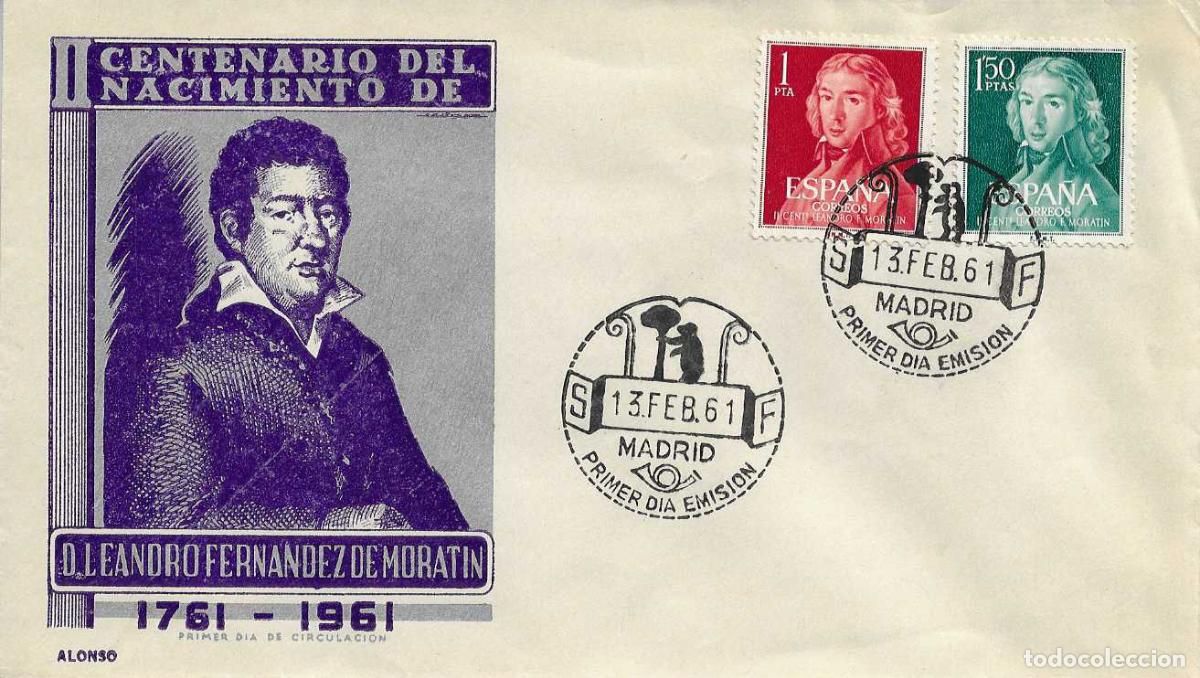 Sellos: LEANDRO FERNANDEZ DE MORATIN II CENTENARIO 1961 (EDIFIL 1328/29) EN SOBRE PRIMER DIA DE ALONSO RARO