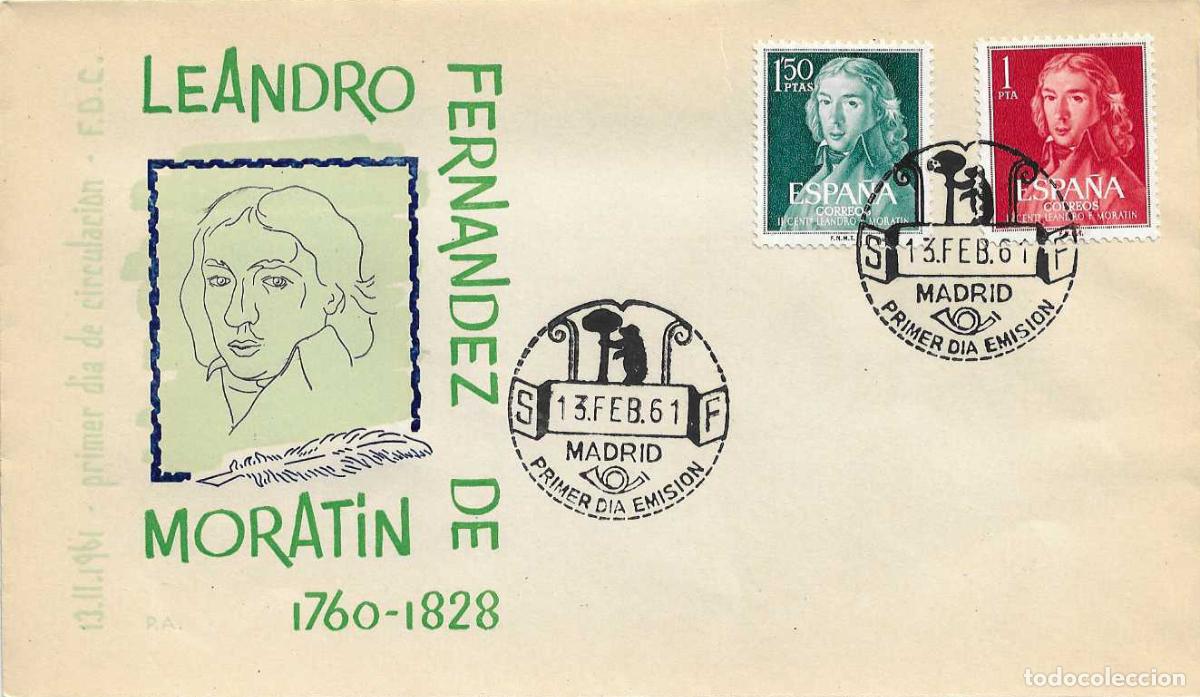 Sellos: LEANDRO FERNANDEZ DE MORATIN II CENTENARIO 1961 (EDIFIL 1328/29) EN SOBRE PRIMER DIA DE ARRONIZ XZX