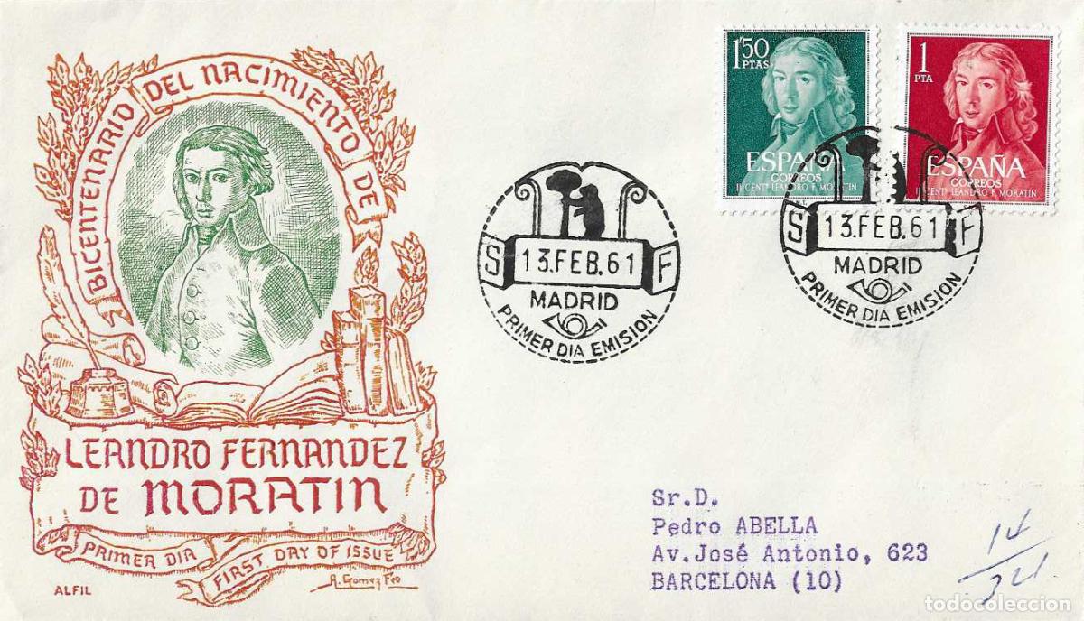 Sellos: LEANDRO FERNANDEZ DE MORATIN II CENTENARIO 1961 (EDIFIL 1328/29) EN SOBRE PRIMER DIA CIRCULADO ALFIL