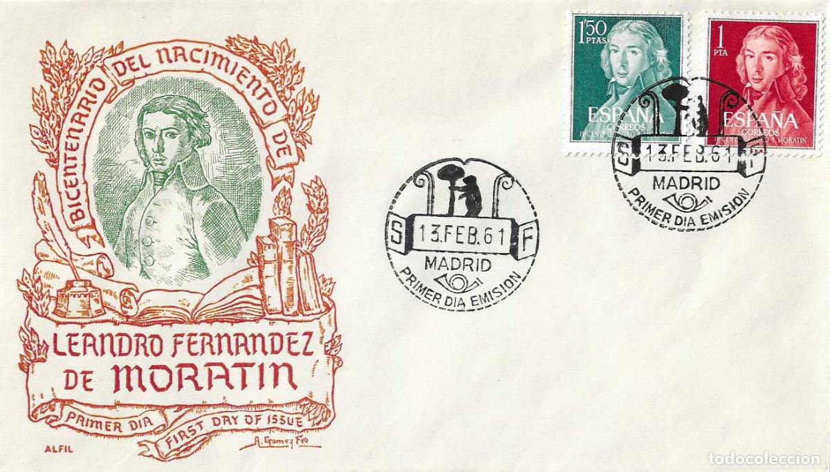 Sellos: LEANDRO FERNANDEZ DE MORATIN II CENTENARIO 1961 (EDIFIL 1328/29) SOBRE PRIMER DIA SIN CIRCULAR ALFIL