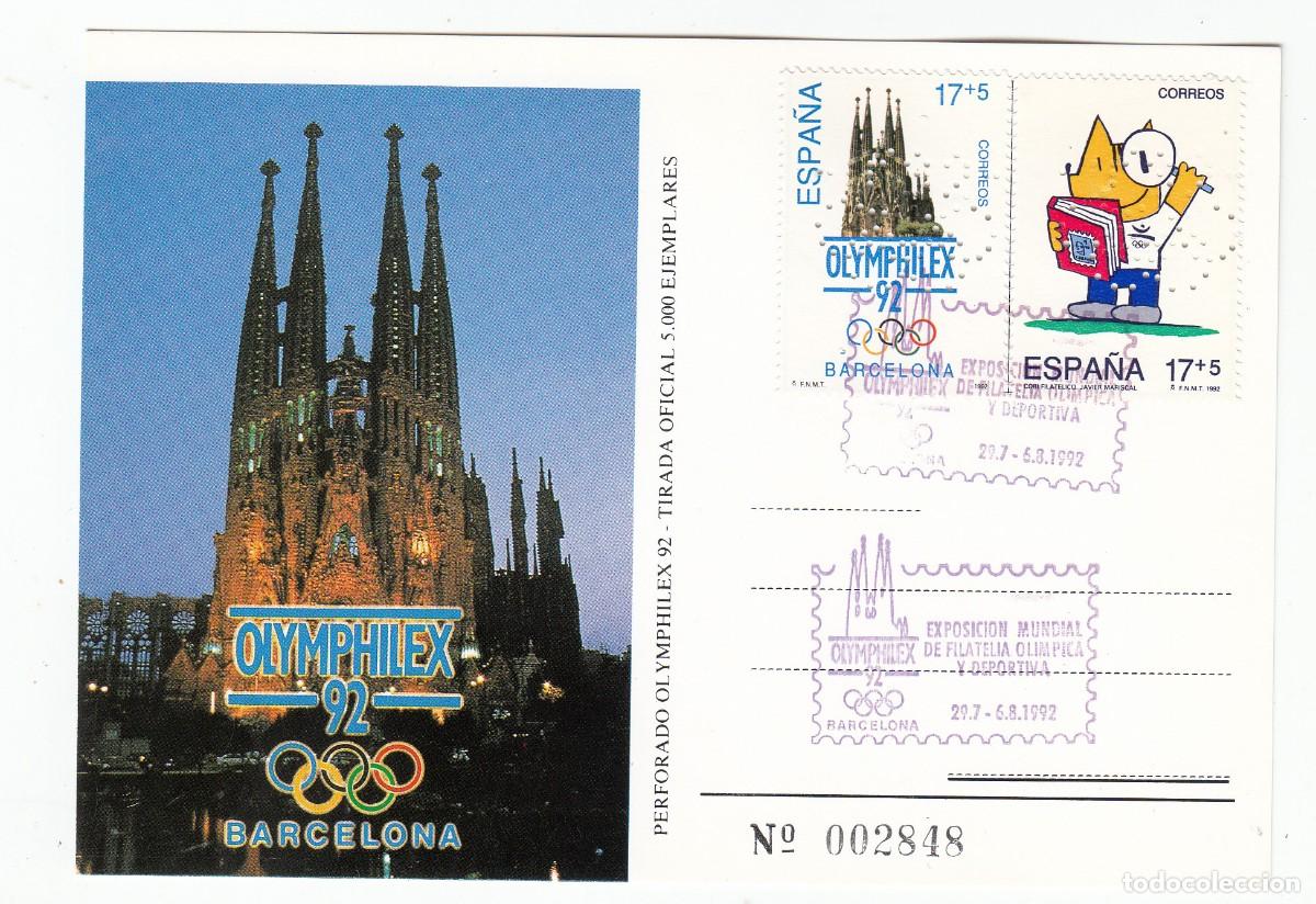 Sellos: BARCELONA 92 MATASELLOS OLYMPHILEX EN TARJETA Y PERFORACI&Oacute;N