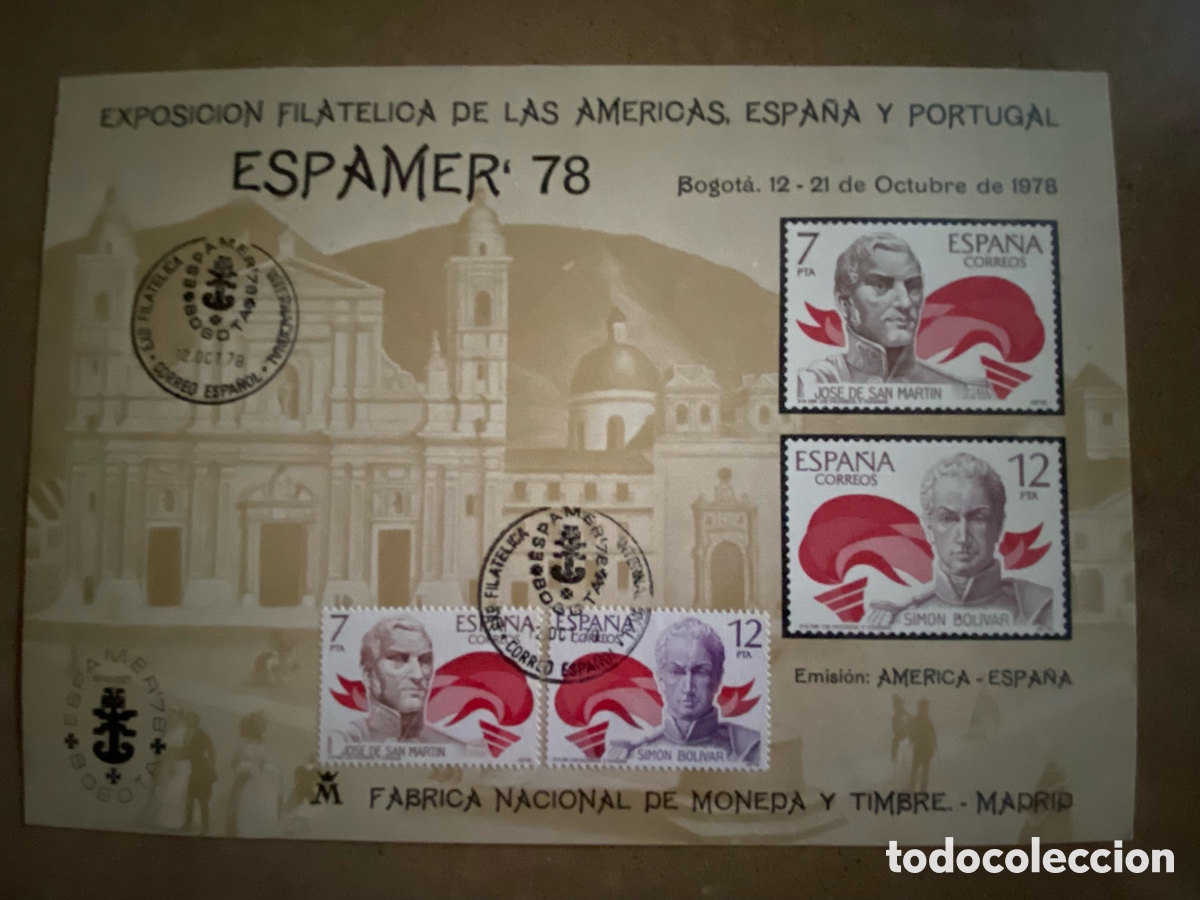 Sellos: TARJETA CONMEMORATIVA ESPAMER 78. BOGOTA. JOSE SAN MARTIN Y SIMON BOL&Iacute;VAR.