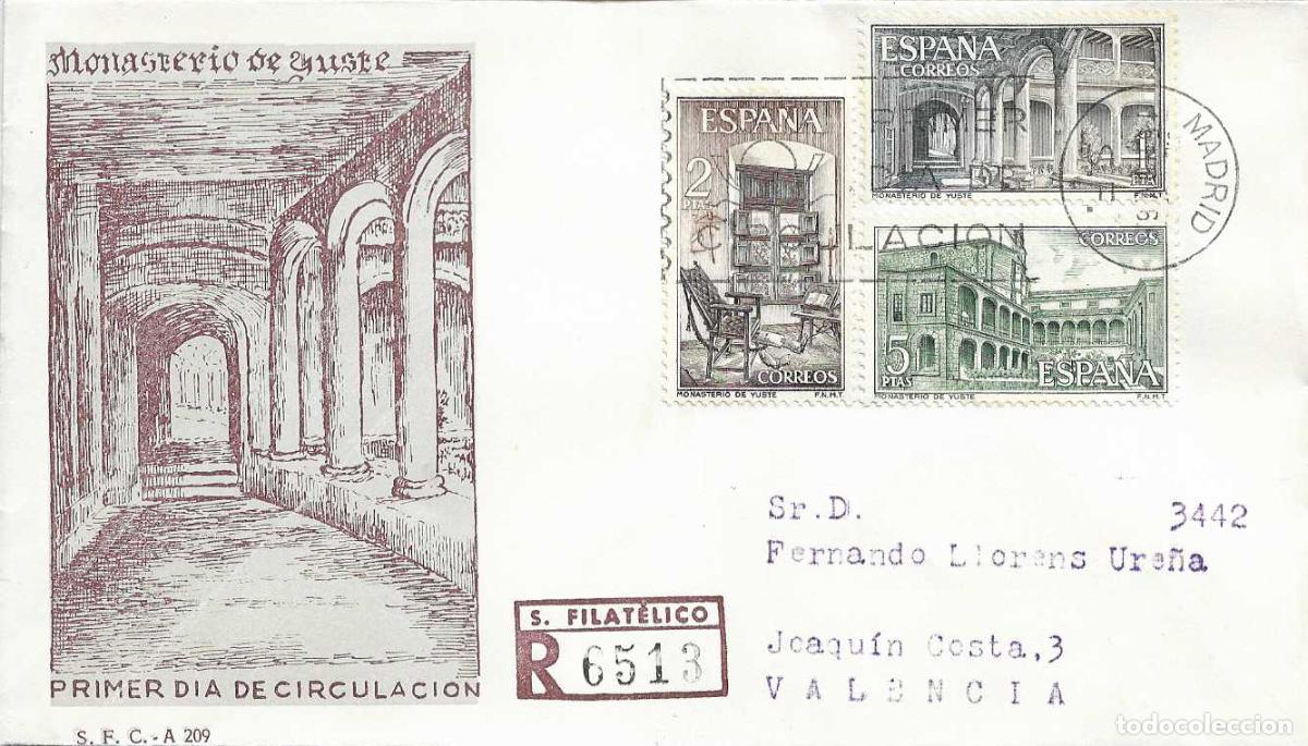 Sellos: MONASTERIO DE YUSTE CACERES 1965 (EDIFIL 1686/88) SOBRE PRIMER DIA CIRCULADO SERVICIO FILATELICO XZX