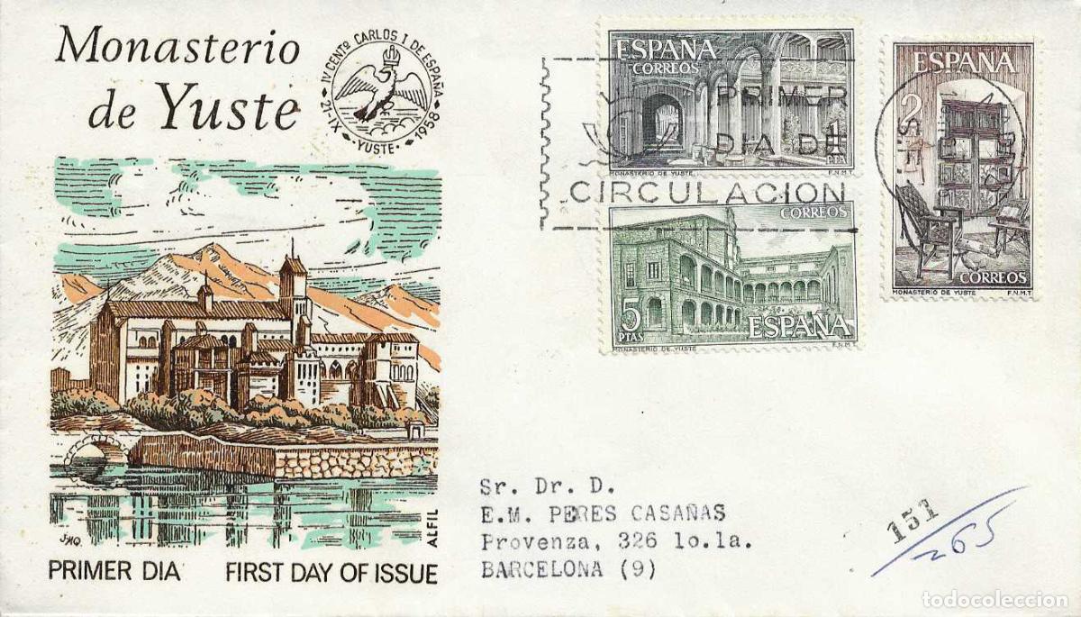 Sellos: MONASTERIO DE YUSTE CACERES 1965 (EDIFIL 1686/88) EN SOBRE PRIMER DIA CIRCULADO DE ALFIL RARO XZX