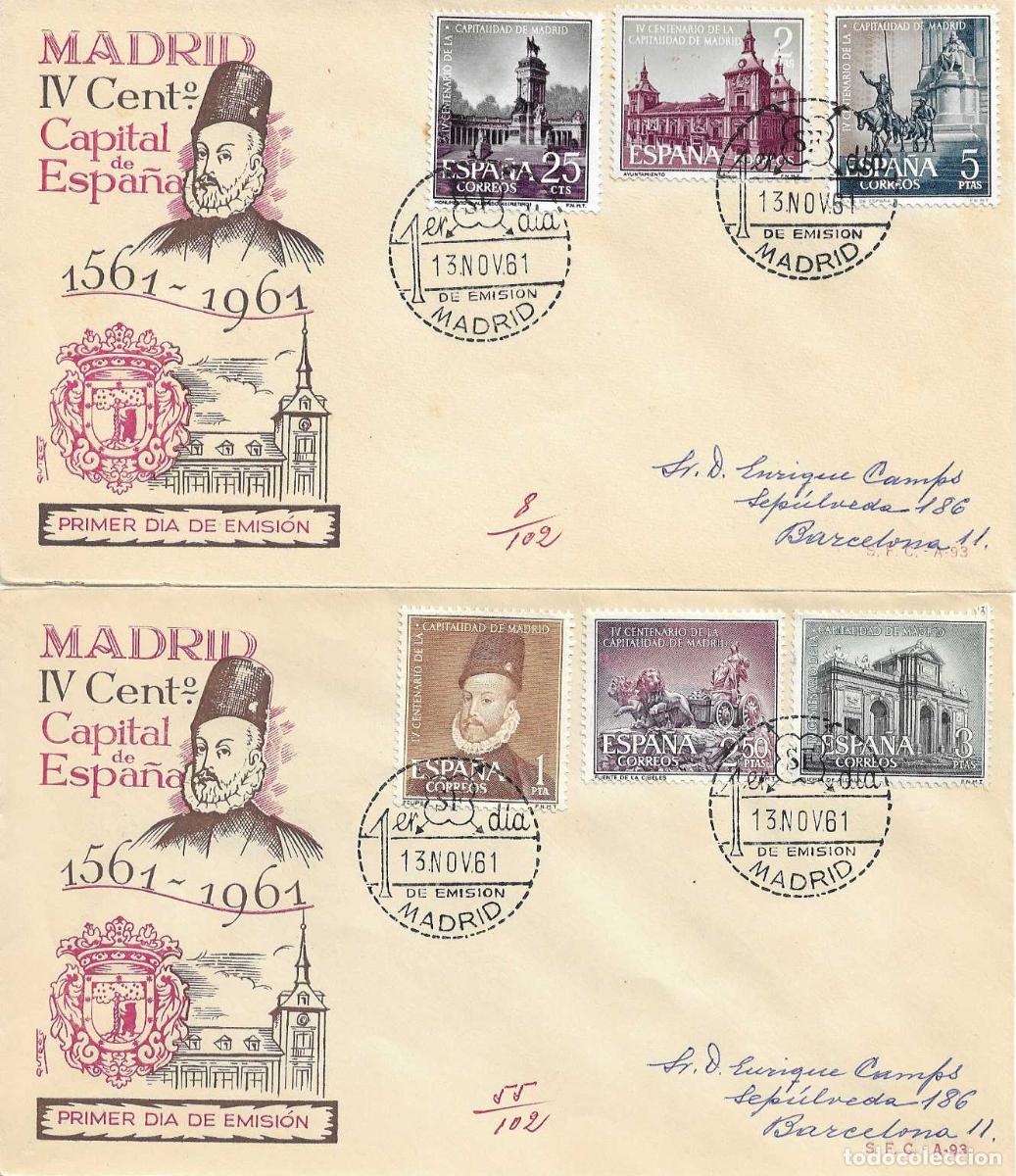 Sellos: CAPITALIDAD DE MADRID IV CENTENARIO 1961 (EDIFIL 1388/93) EN DOS SPD CIRCULADOS SERVICIO FILATELICO