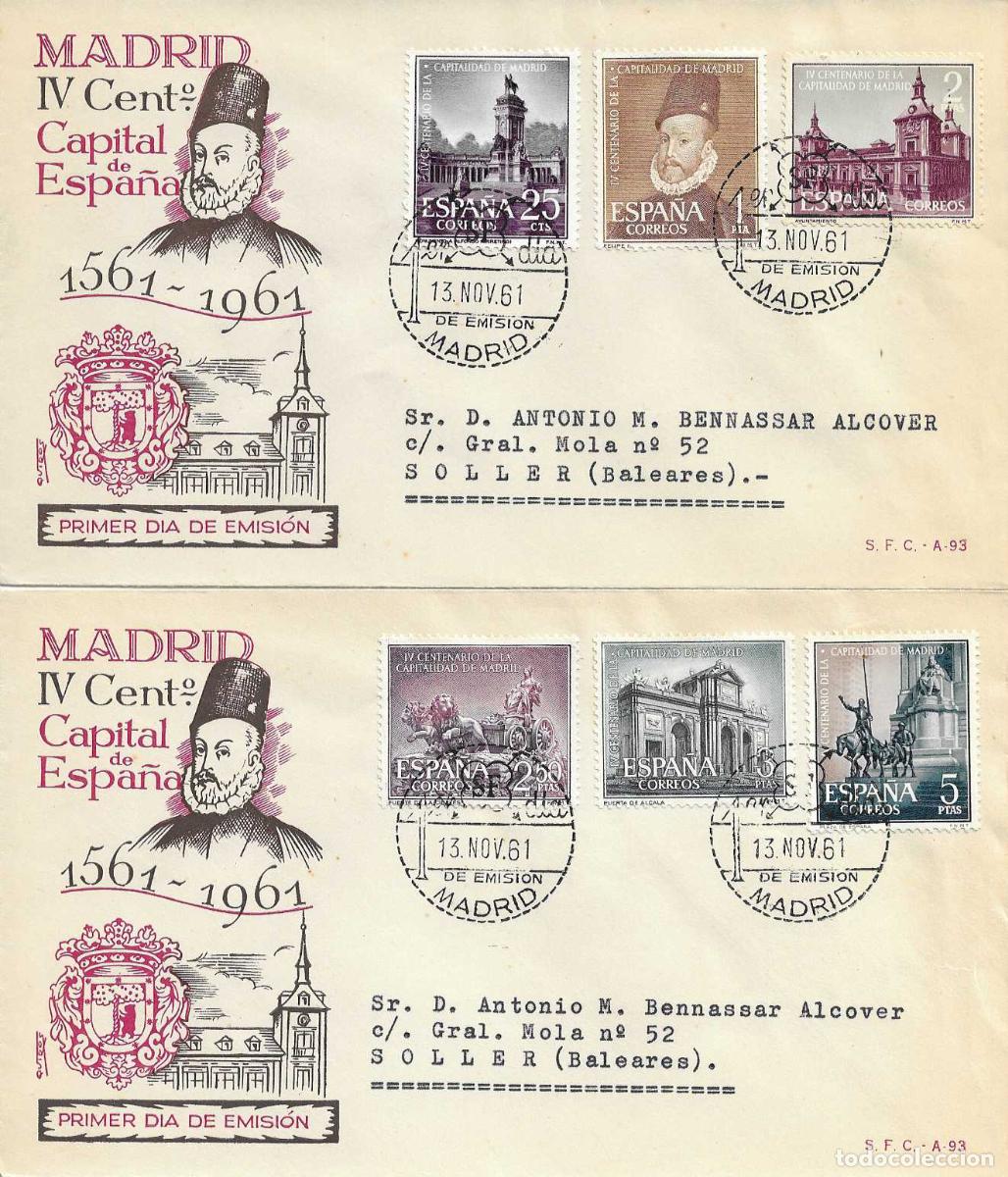 Sellos: CAPITALIDAD DE MADRID IV CENTENARIO 1961 (EDIFIL 1388/93) EN DOS SPD CIRCULADOS SERVICIO FILATELICO