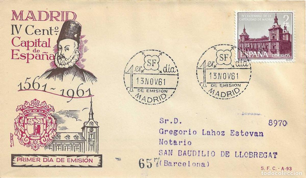 Sellos: CAPITALIDAD DE MADRID IV CENTENARIO 1961 (EDIFIL 1390) SPD CIRCULADO DEL SERVICIO FILATELICO XZX