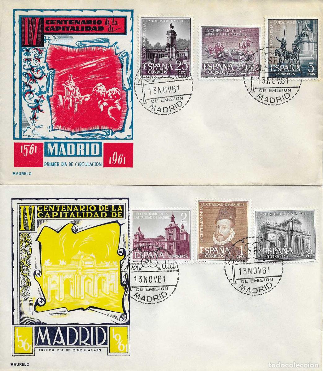 Sellos: CAPITALIDAD DE MADRID IV CENTENARIO 1961 (EDIFIL 1388/93) EN DOS SOBRES PRIMER DIA MAURELO RAROS ASI