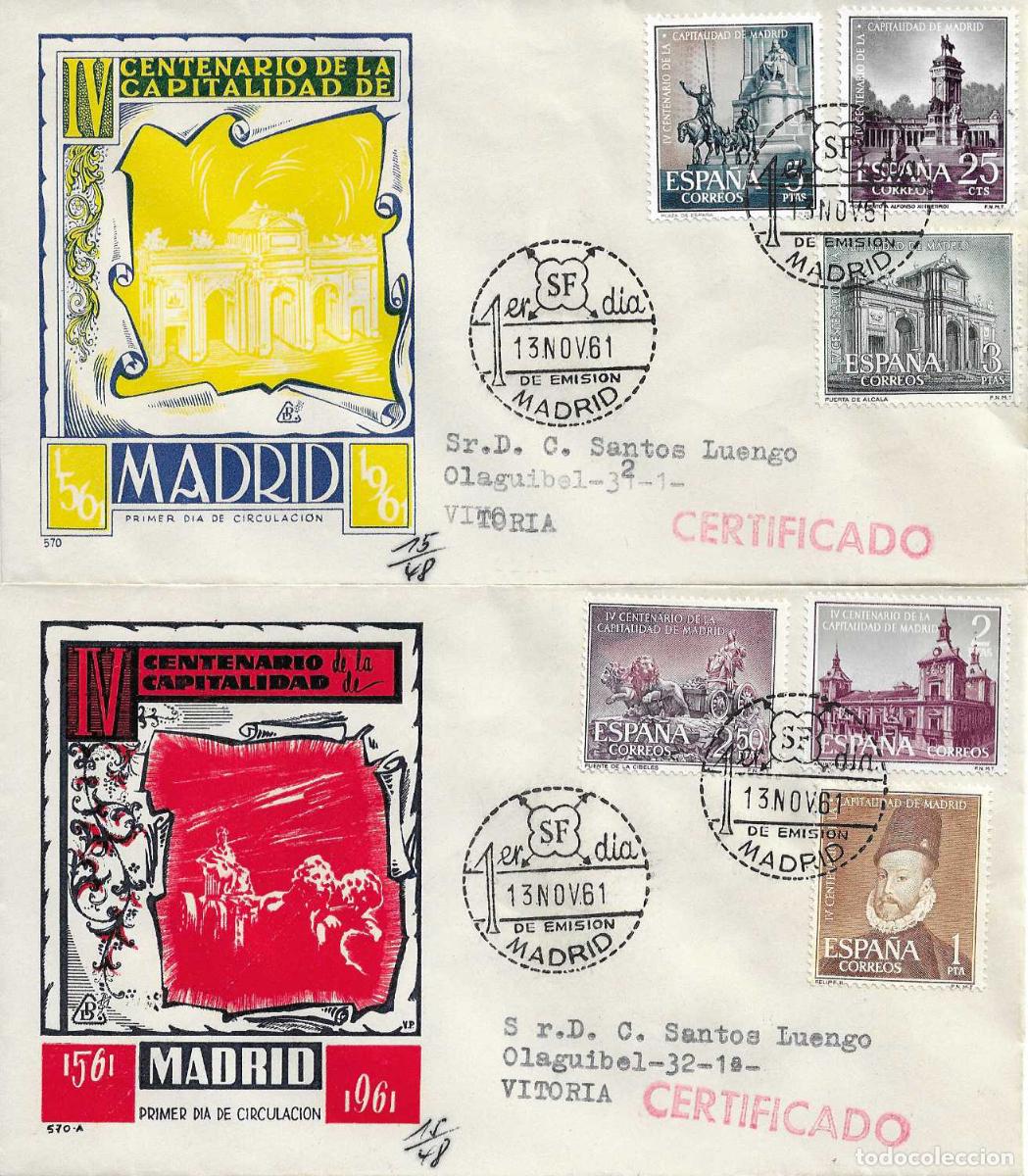 Sellos: CAPITALIDAD DE MADRID IV CENTENARIO 1961 (EDIFIL 1388/93) EN DOS SOBRES PRIMER DIA CIRCULADO DP RARO