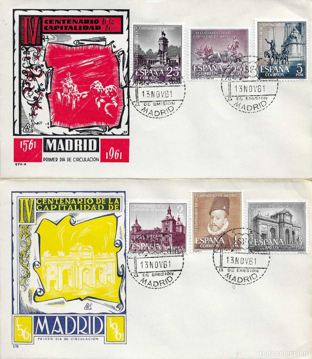 Sellos: CAPITALIDAD DE MADRID IV CENTENARIO 1961 (EDIFIL 1388/93) EN DOS SPD SIN CIRCULAR DE DP RAROS ASI