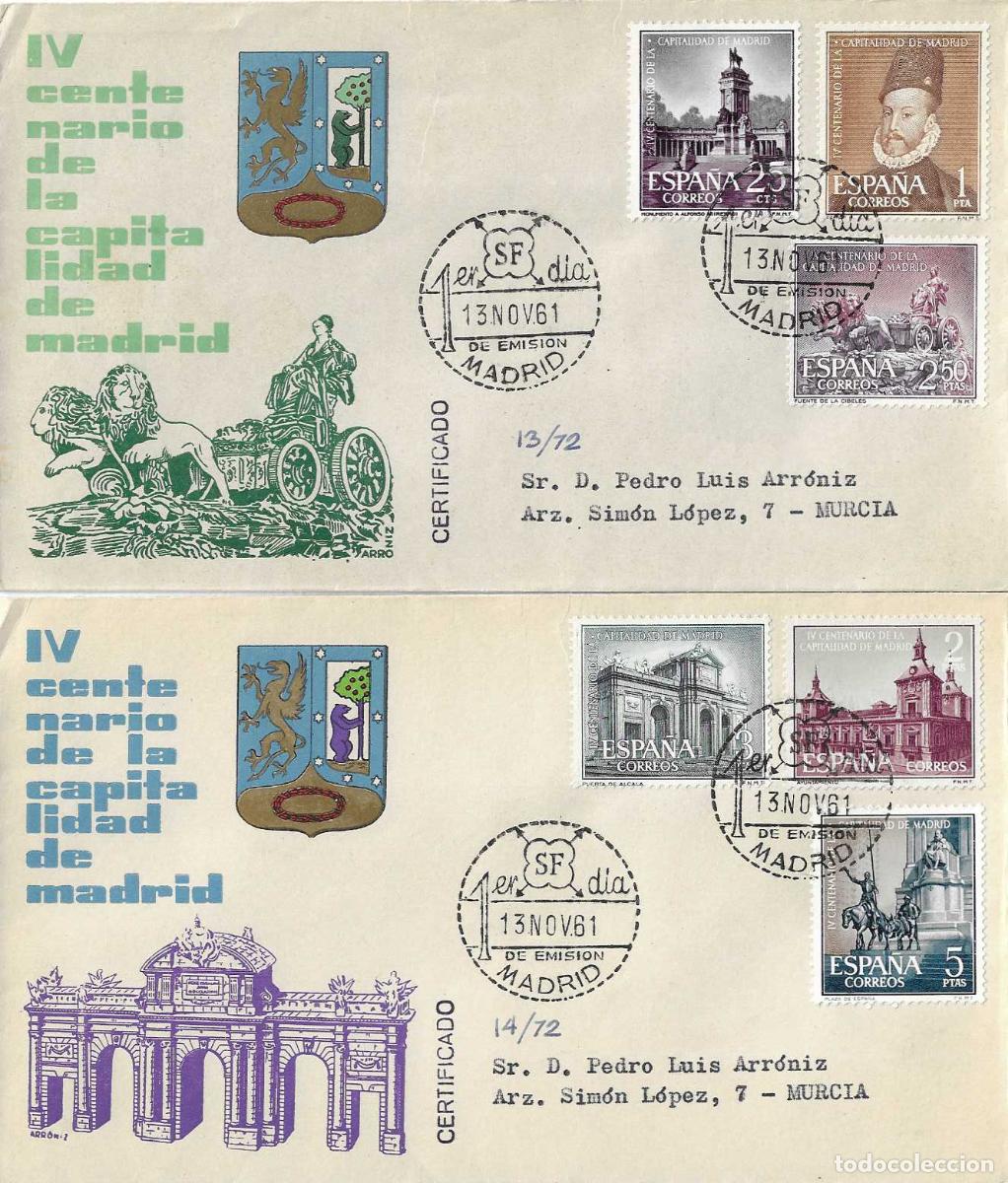 Sellos: CAPITALIDAD DE MADRID IV CENTENARIO 1961 (EDIFIL 1388/93) EN DOS SPD CIRCULADOS DE ARRONIZ RAROS ASI