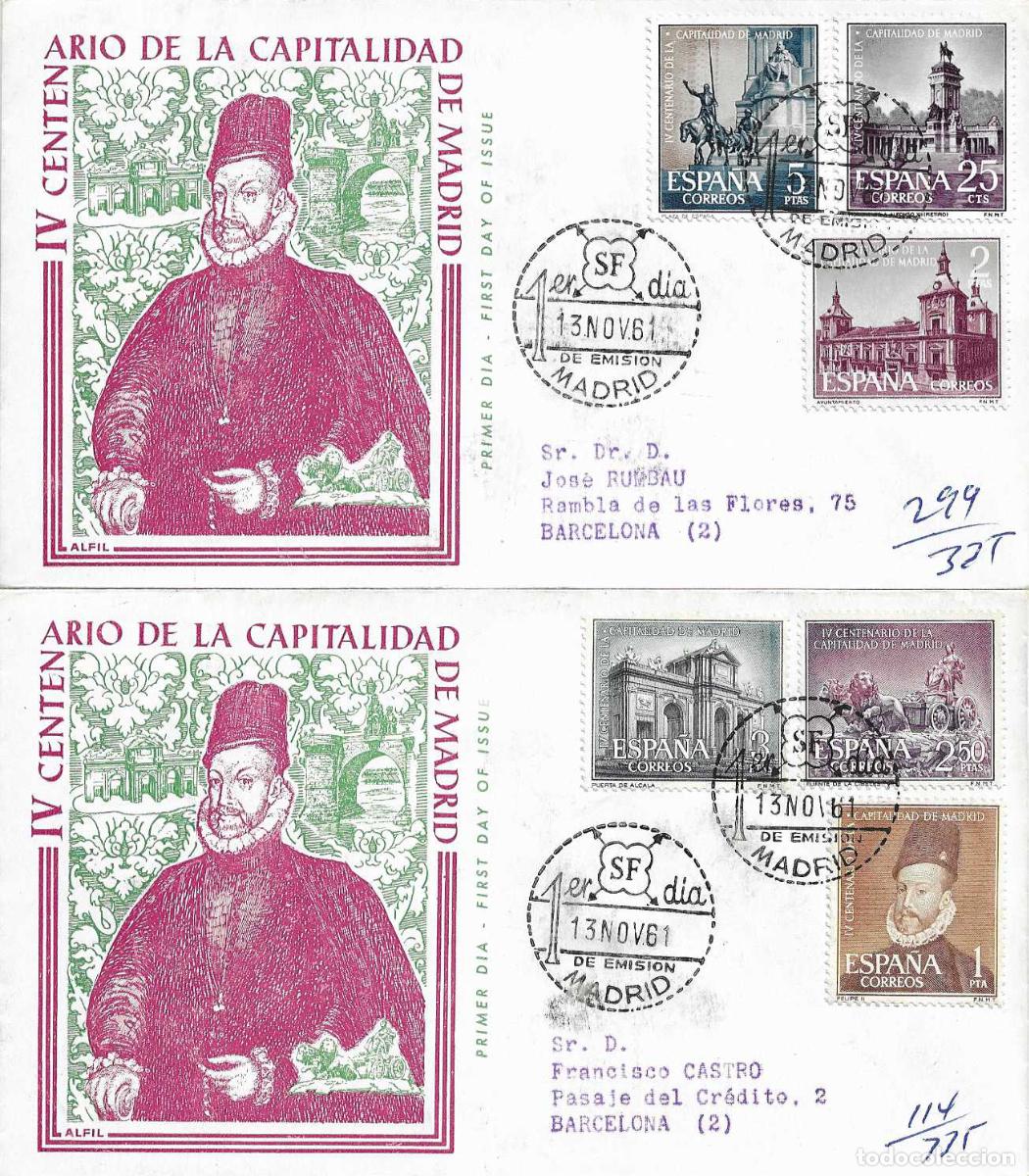 Sellos: CAPITALIDAD DE MADRID IV CENTENARIO 1961 (EDIFIL 1388/93) EN DOS SPD CIRCULADOS ALFIL FELIPE II RARO