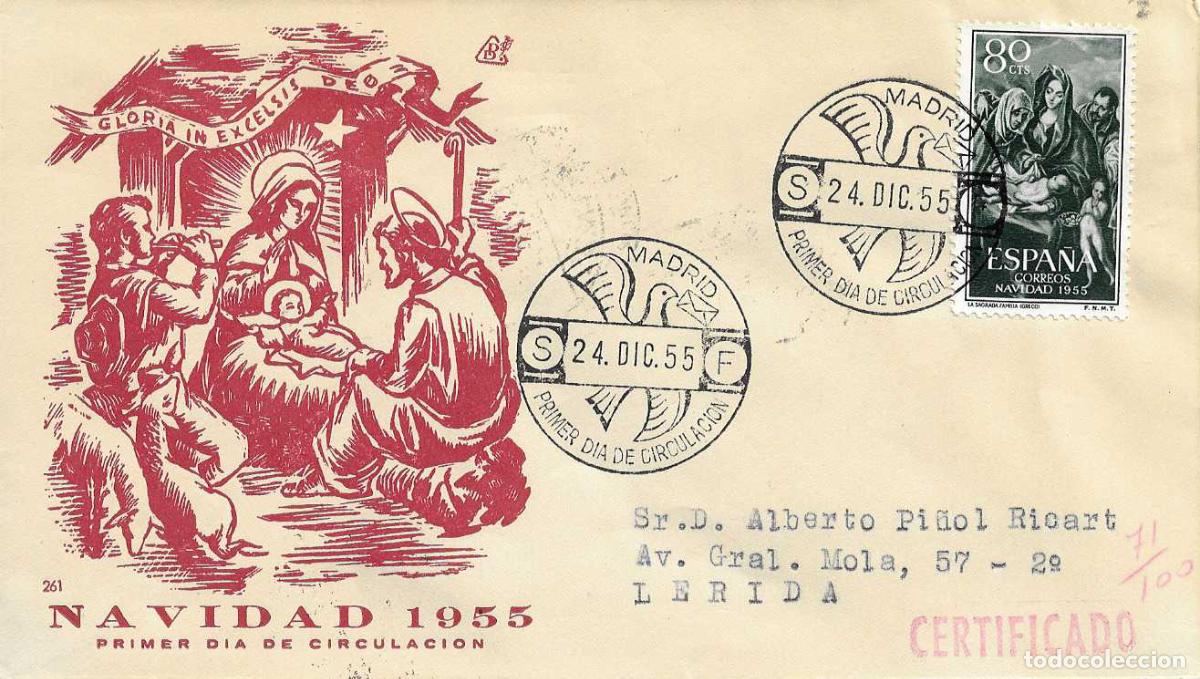Sellos: NAVIDAD 1955 PINTURA EL GRECO (EDIFIL 1184) EN SOBRE PRIMER DIA CIRCULADO DE DP RELIGION RARO ASI