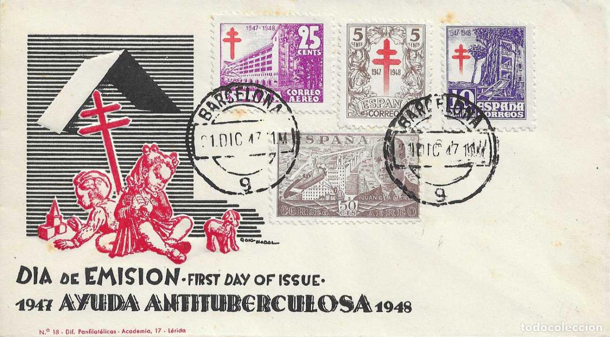 Sellos: MUY RARO ANTES EMISION PRO TUBERCULOSOS 1947 (EDIFIL 1017/19) EN SPD DP BARCELONA SIN MATASELLO ROJO
