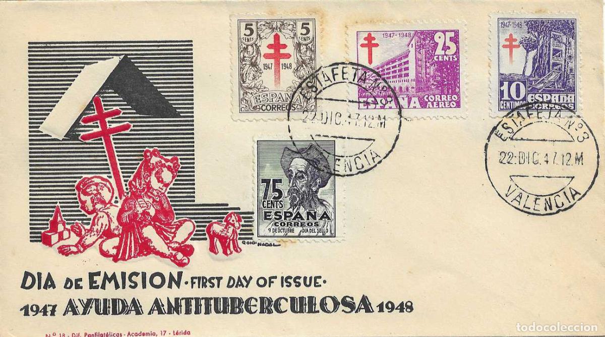 Sellos: PRO TUBERCULOSOS 1947 (EDIFIL 1017/19) EN SOBRE PRIMER DIA DP VALENCIA SIN MATASELLOS ROJO MUY RARO
