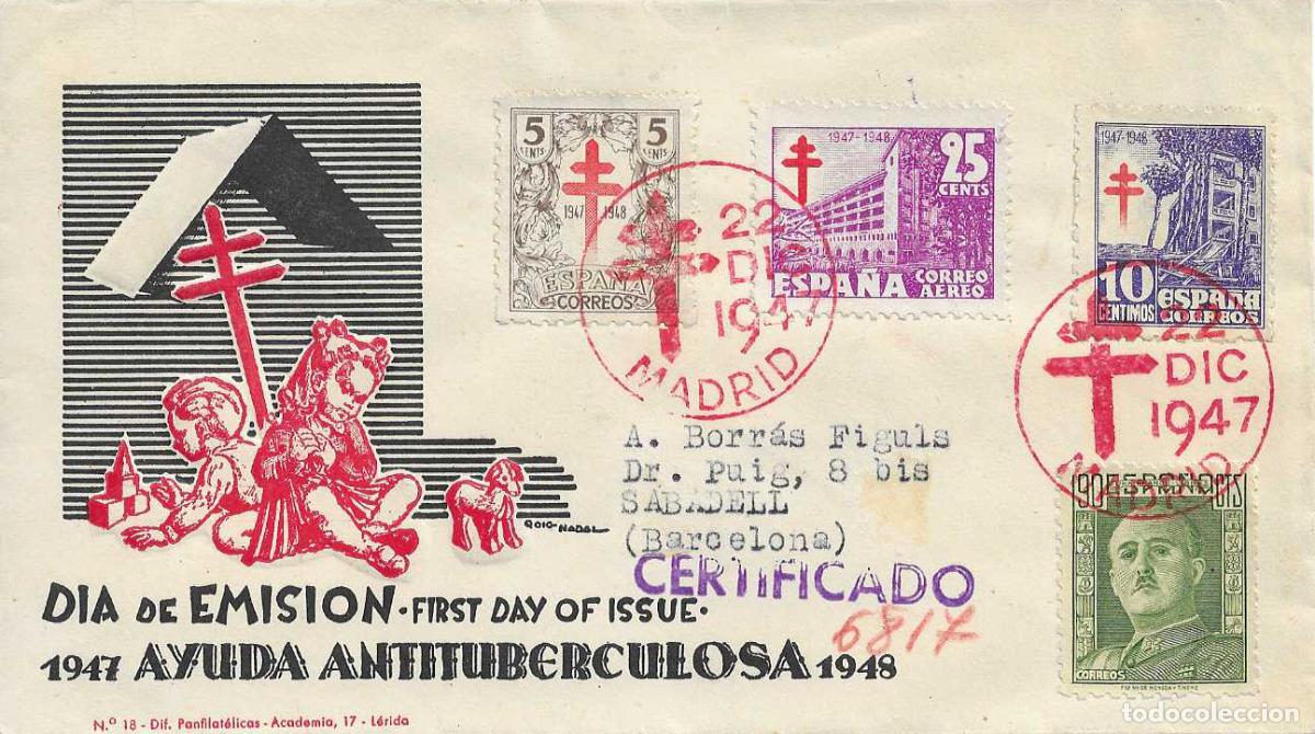 Sellos: PRO TUBERCULOSOS 1947 (EDIFIL 1017/19) EN SOBRE PRIMER DIA CIRCULADO DE DP RARO ASI