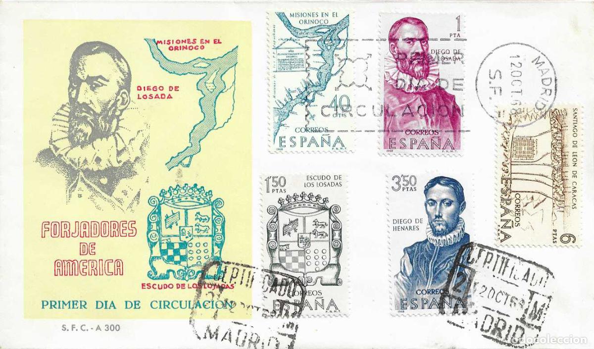 Sellos: FORJADORES DE AMERICA 1968 (EDIFIL 1889/93) RARO SPD DEL SERVICIO FILATELICO CON DOS MATASELLOS XZX