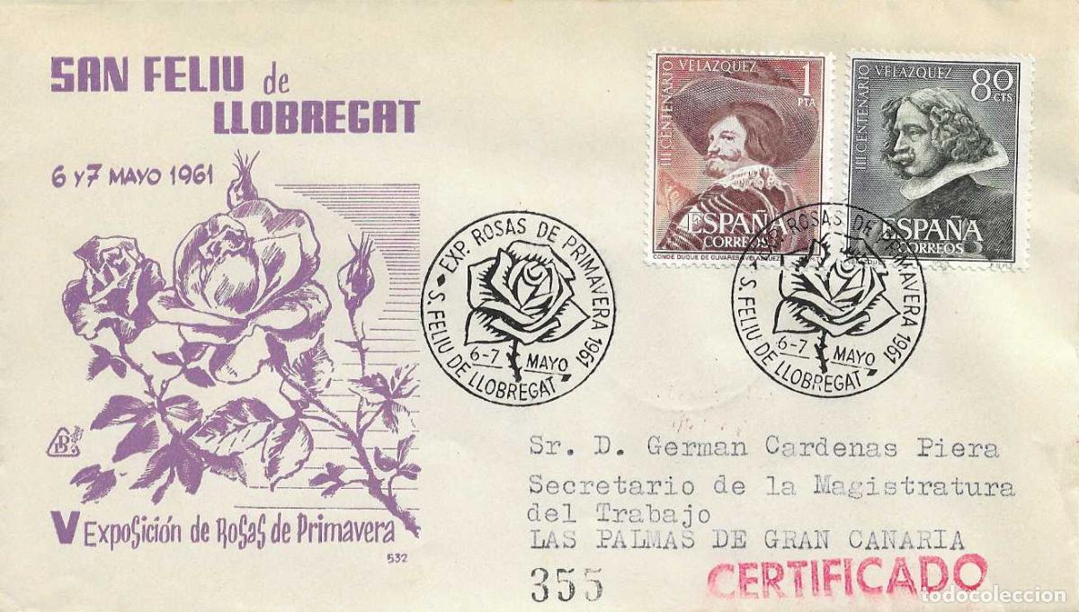 Sellos: ROSAS EXPOSICION NACIONAL, SAN FELIU DE LLOBREGAT (BARCELONA) 1961 MATASELLOS SOBRE CIRCULADO DP RWR