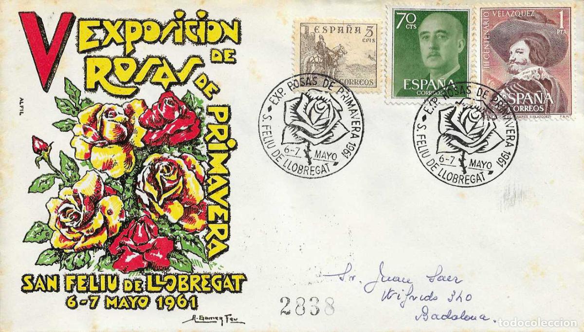 Sellos: ROSAS EXPOSICION NAL., SAN FELIU DE LLOBREGAT (BARCELONA) 1961. MATASELLOS SOBRE CIRCULADO ALFIL RWR