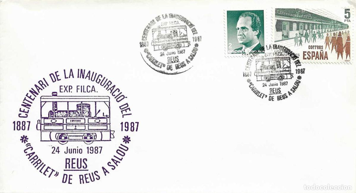 Sellos: TRENES CENTENARIO CARRILET A SALOU REUS (TARRAGONA) 1987 MATASELLOS FERROCARRIL RARO SOBRE ILUSTRADO