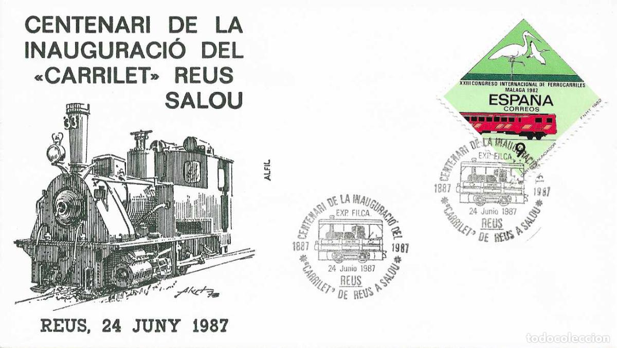Sellos: TRENES CENTENARIO CARRILET A SALOU, REUS (TARRAGONA) 1987 RARO MATASELLOS FERROCARRIL EN SOBRE ALFIL