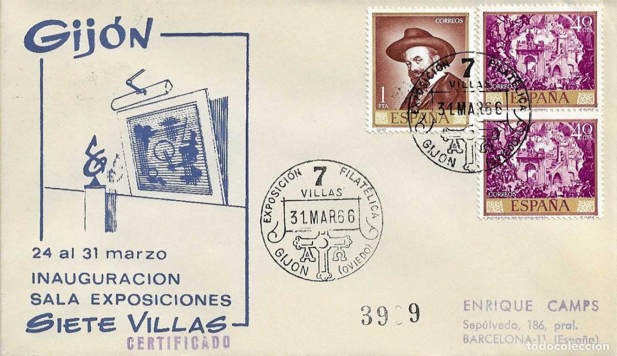 Sellos: 7 VILLAS DE ASTURIAS EXPOSICION FILATELICA, GIJON 31 MARZO 1966. MATASELLOS SOBRE CIRCULADO EG RARO