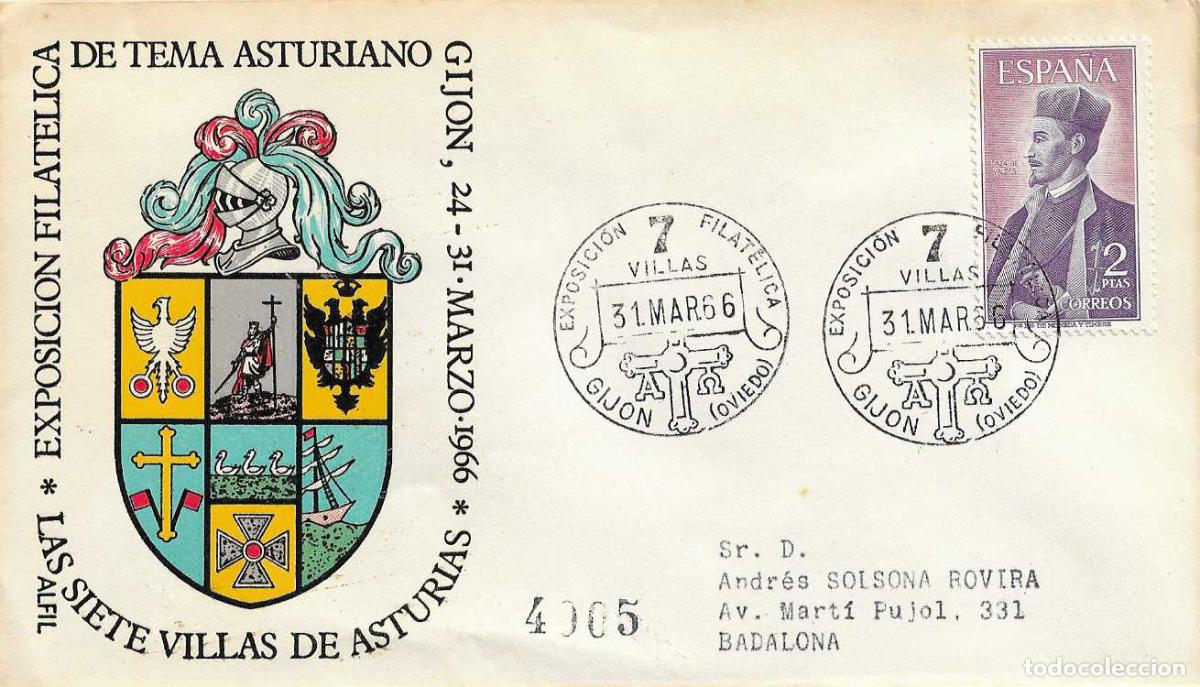 Sellos: 7 VILLAS DE ASTURIAS EXPOSICION FILATELICA, GIJON 31 MARZO 1966 MATASELLOS SOBRE CIRCULADO ALFIL RWR