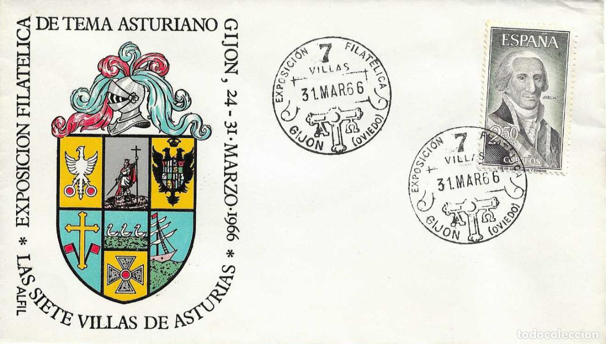 Sellos: 7 VILLAS DE ASTURIAS EXPOSICION FILATELICA, GIJON 31 MARZO 1966 MATASELLOS SOBRE SIN CIRCULAR ALFIL