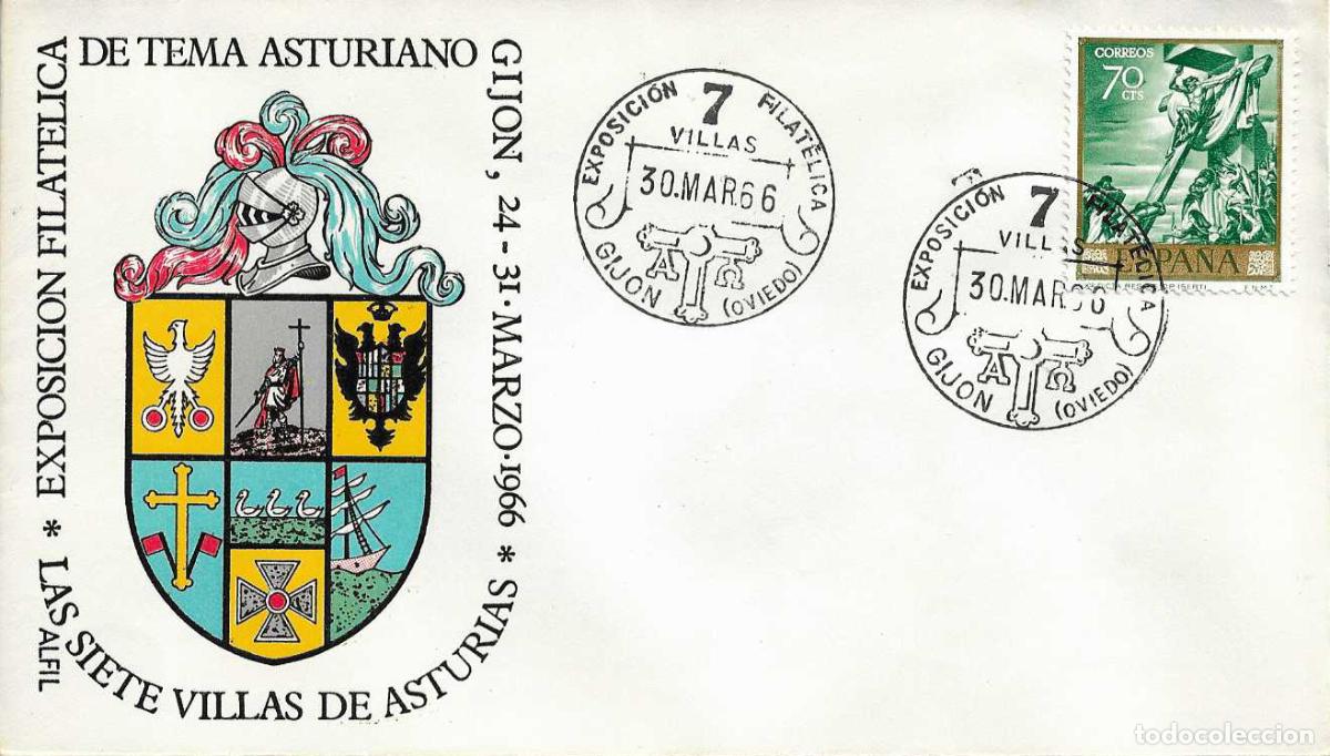 Sellos: 7 VILLAS DE ASTURIAS EXPOSICION FILATEL, GIJON 30 MARZO 1966 MATASELLOS SOBRE SIN CIRCULAR ALFIL RWR