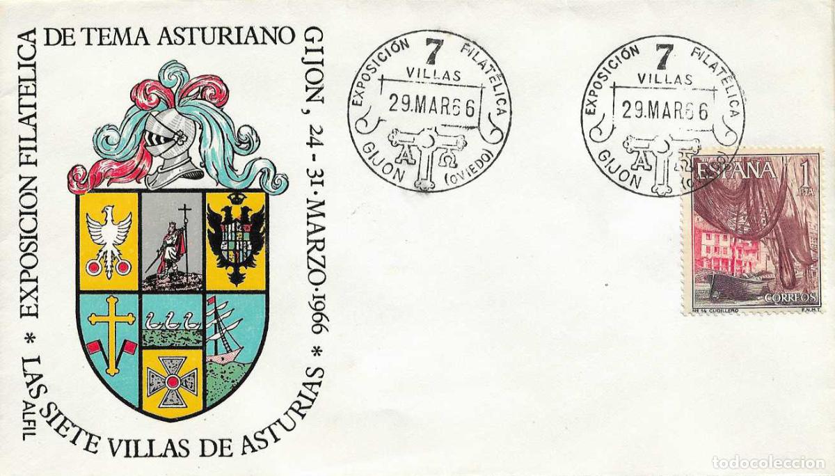 Sellos: 7 VILLAS DE ASTURIAS EXPOSICION FILATELICA, GIJON 29 MARZO 1966 MATASELLOS SOBRE SIN CIRCULAR ALFIL