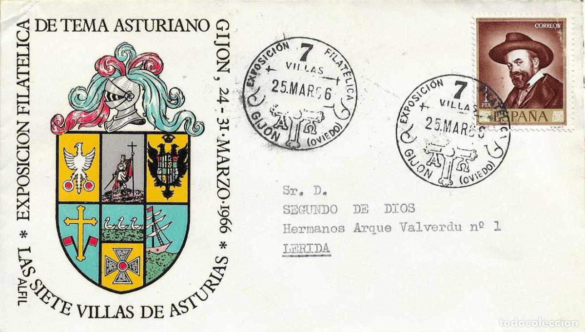 Sellos: 7 VILLAS DE ASTURIAS EXPOSICION FILATELICA, GIJON 25 MARZO 1966 MATASELLOS SOBRE SIN CIRCULAR ALFIL
