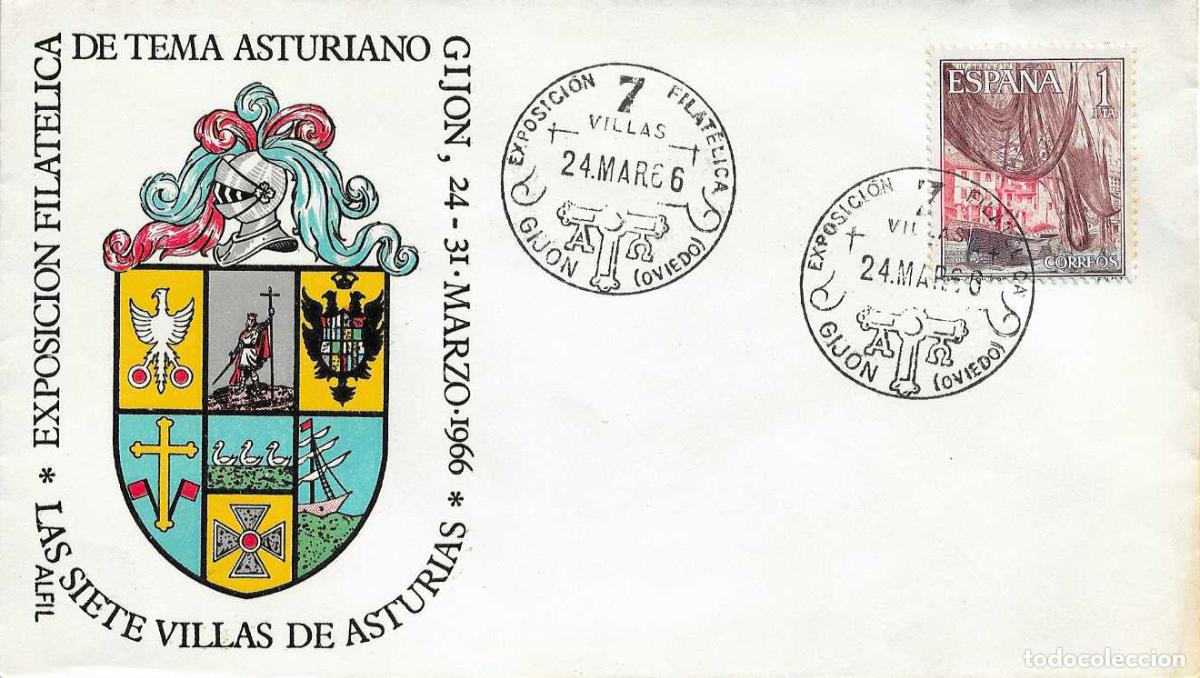 Sellos: 7 VILLAS DE ASTURIAS EXPOSICION FILATELICA, GIJON 24 MARZO 1966 MATASELLOS SOBRE SIN CIRCULAR ALFIL