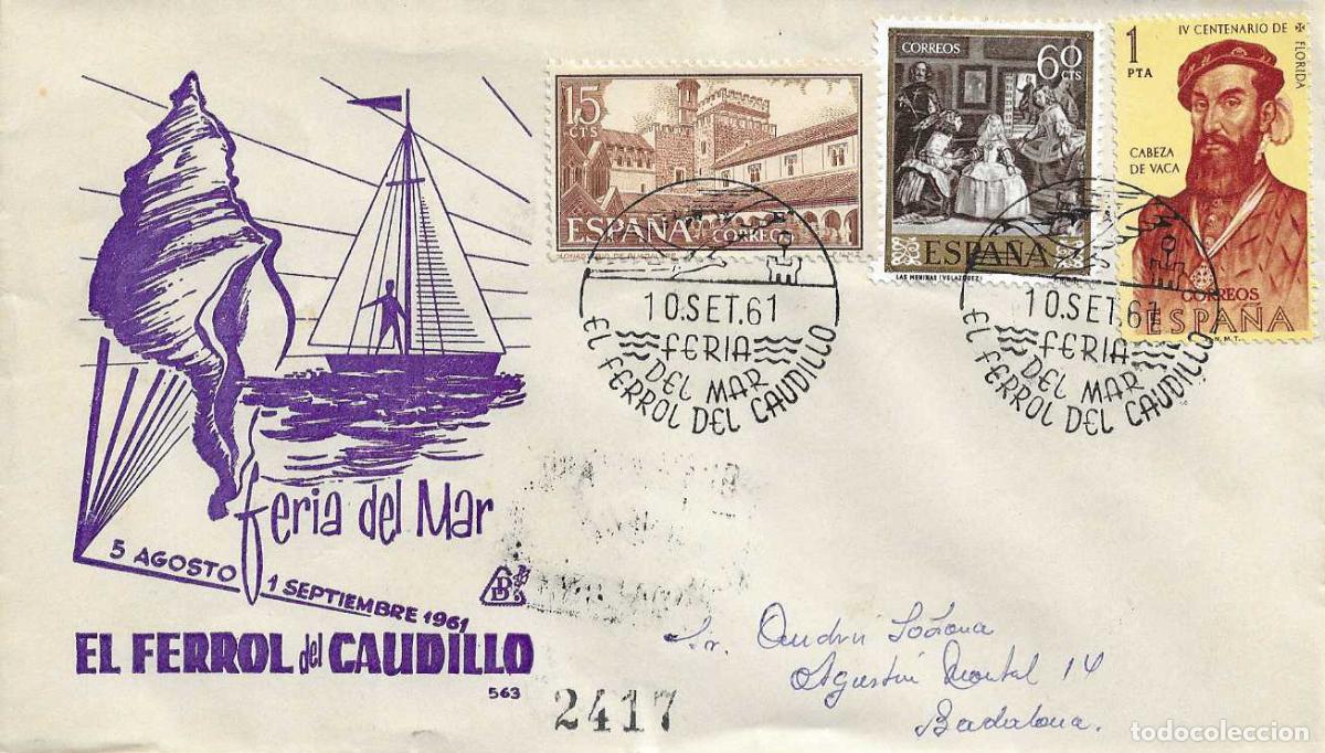 Sellos: BARCOS FERIA DEL MAR, EL FERROL (LA CORU&Ntilde;A) 10 SEPTIEMBRE 1961 MATASELLOS EN SOBRE CIRCULADO DP RARO