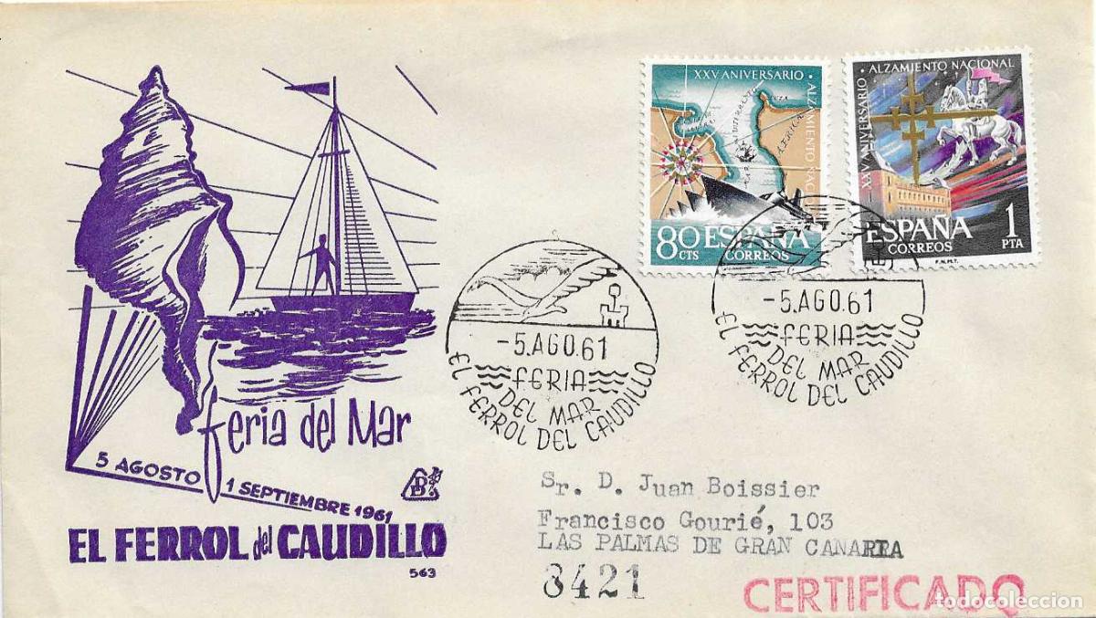 Sellos: BARCOS FERIA DEL MAR, EL FERROL (LA CORU&Ntilde;A) 5 AGOSTO 1961. MATASELLOS EN SOBRE CIRCULADO DP RARO ASI