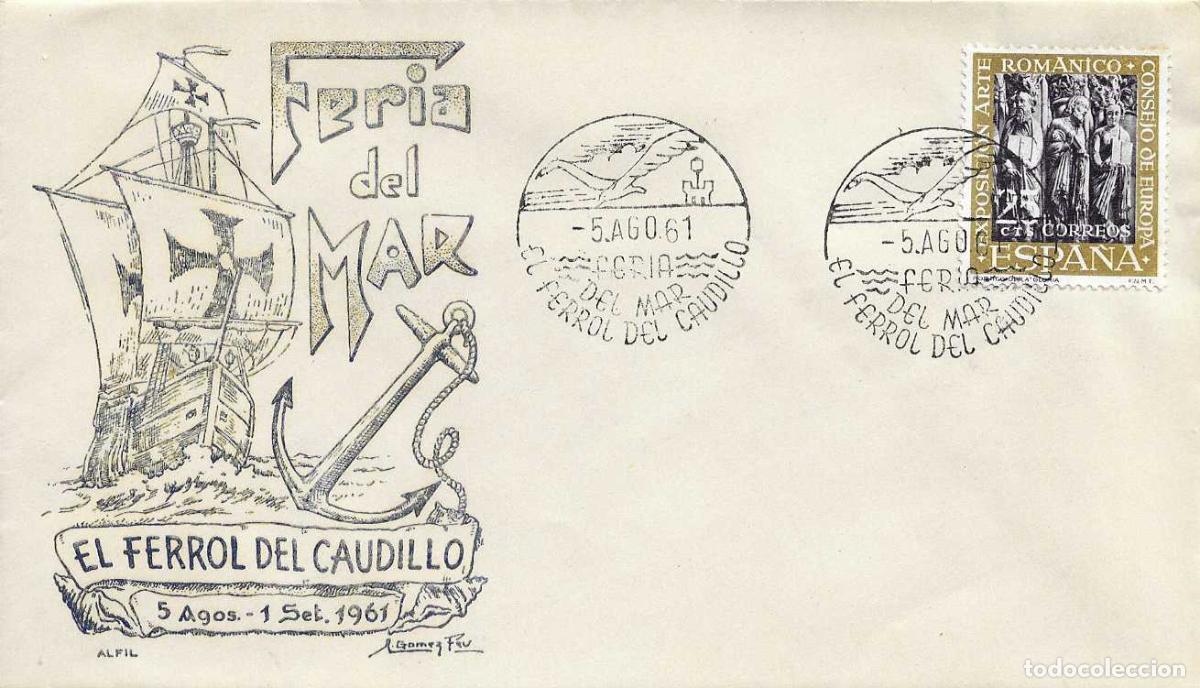 Sellos: BARCOS FERIA DEL MAR EL FERROL (LA CORU&Ntilde;A) 5 AGOSTO 1961 MATASELLOS EN SOBRE SIN CIRCULAR ALFIL RARO