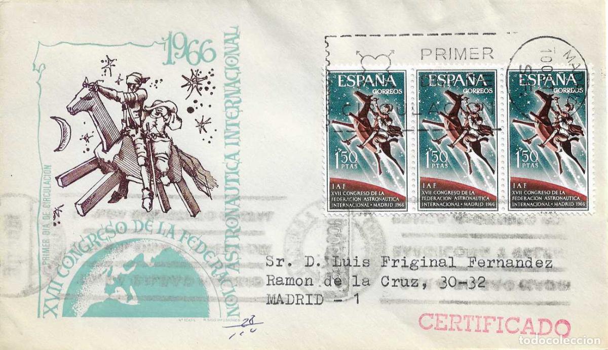 Sellos: DON QUIJOTE CERVANTES CLAVILE&Ntilde;O ASTRONAUTICA XVII CONGRESO 1966 (EDIFIL 1749 TRES SELLOS) EN SPD MS