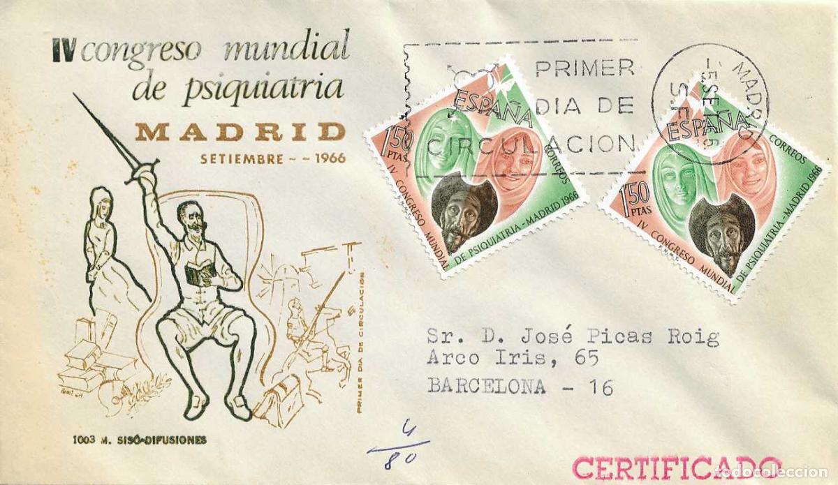 Sellos: DON QUIJOTE CERVANTES PSIQUIATRIA IV CONGRESO 1966 (EDIFIL 1746 DOS SELLOS) EN SPD CIRCULADO MS RARO