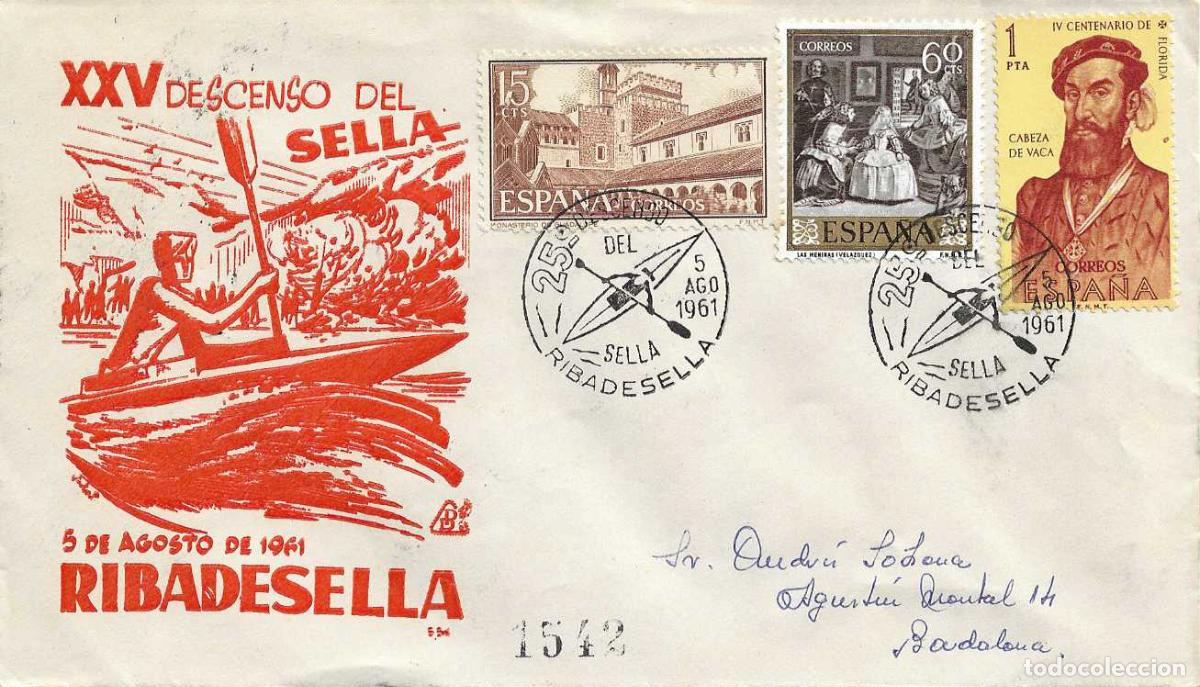 Sellos: DEPORTES XXV DESCENSO INT SELLA, RIBADESELLA (ASTURIAS) 1961. MATASELLOS EN SOBRE CIRCULADO DP RWR
