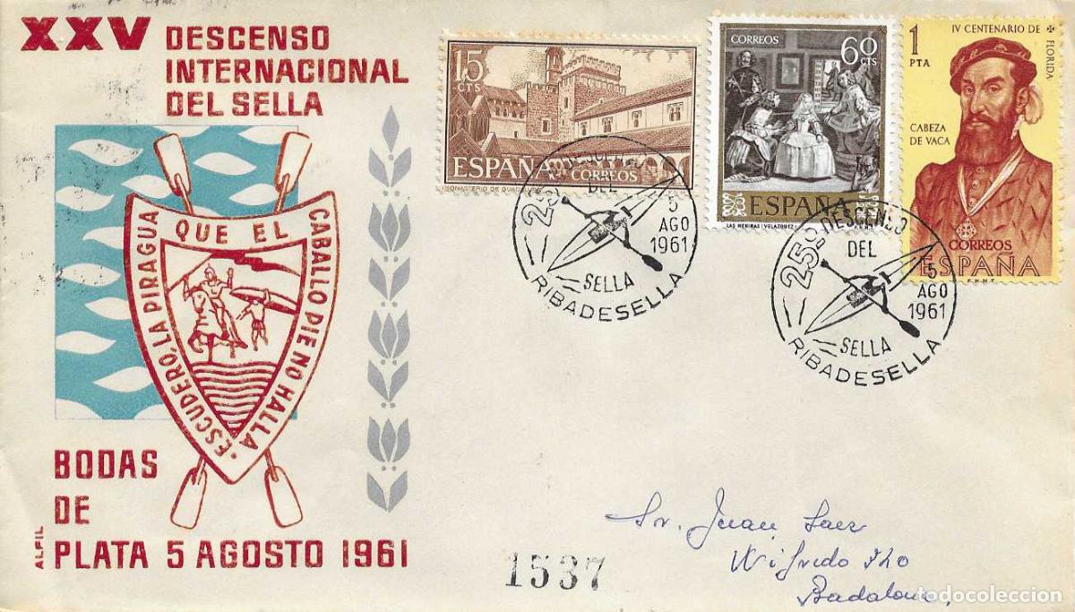 Sellos: DEPORTES XXV DESCENSO INT SELLA, RIBADESELLA (ASTURIAS) 1961. MATASELLOS SOBRE CIRCULADO ALFIL RWR